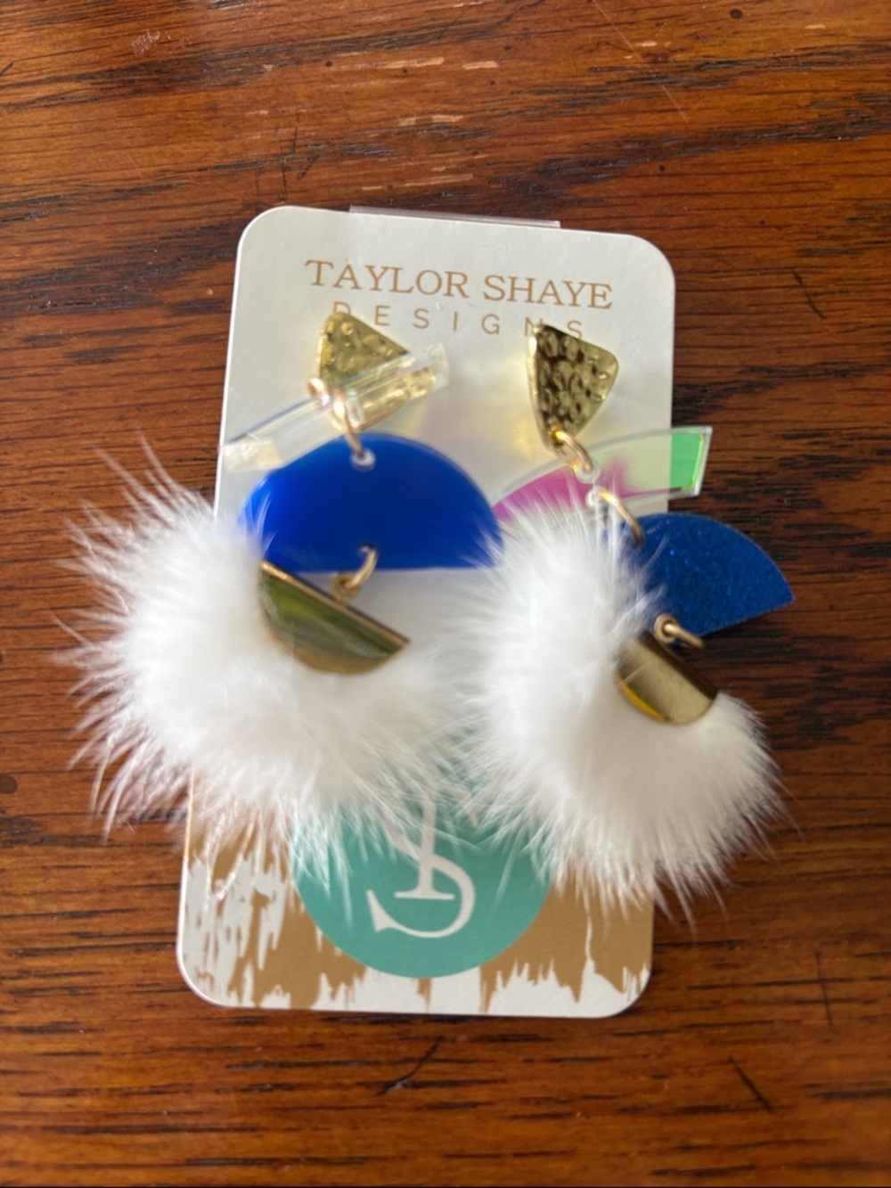 Taylor Shaye designs White Faux-Fur & Blue Statement Earrings
